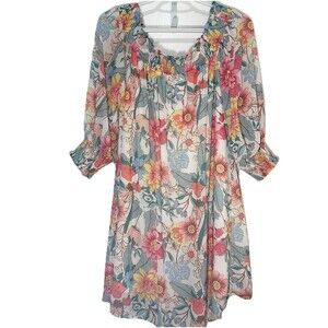 Umgee Floral Peasant Dress Small Boho Off Shoulder Smocked Sleeve